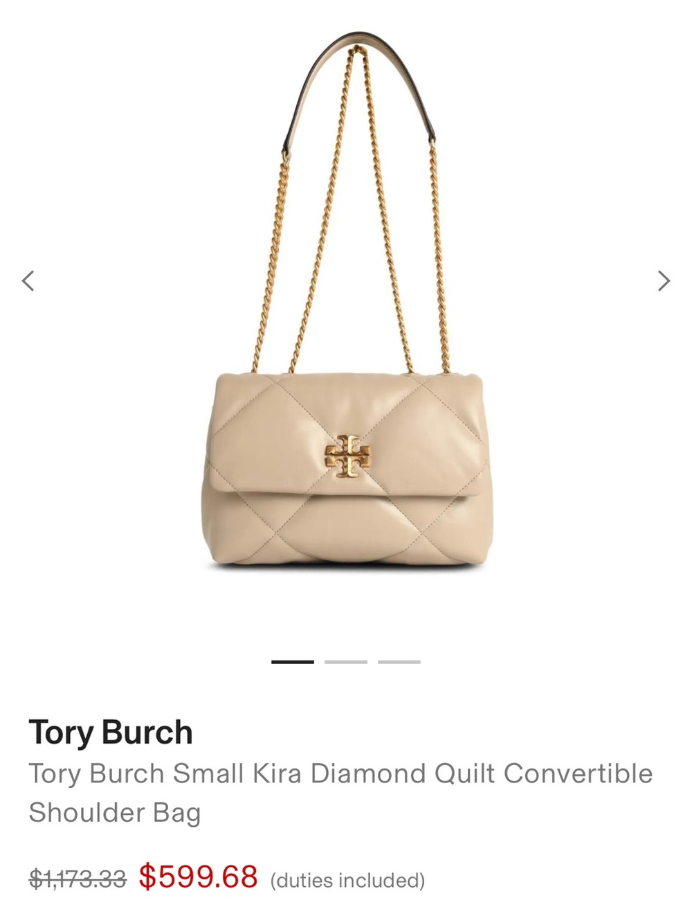 Tory Burch Kira Diamond Quilt Small convertible shoulder bag in Light Stone